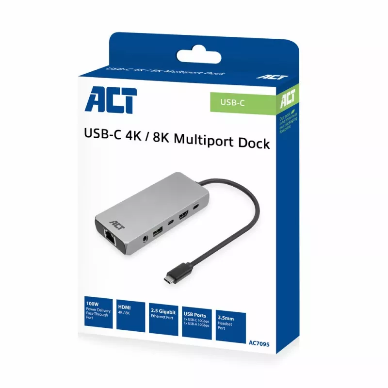 ACT AC7095 estação de acoplamento USB-C, USB 3.2 Gen 1, com fios, cinzento