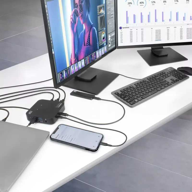 Docking station universal USB-C ACT 4K, para 2 monitores HDMI/DisplayPort, DisplayLink, design compacto