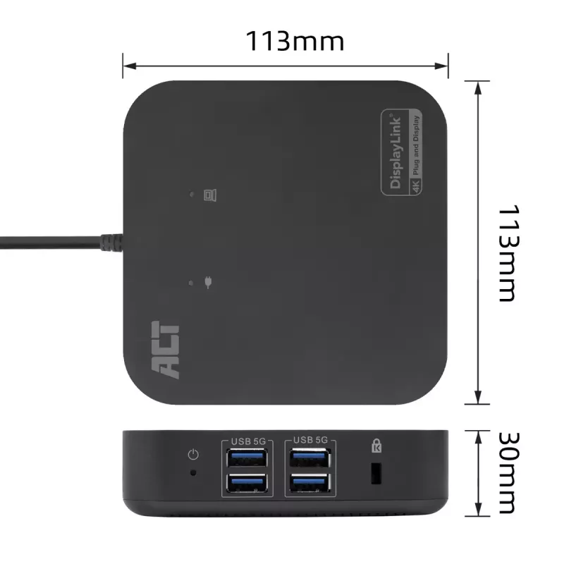 Docking station universal USB-C ACT 4K, para 2 monitores HDMI/DisplayPort, DisplayLink, design compacto