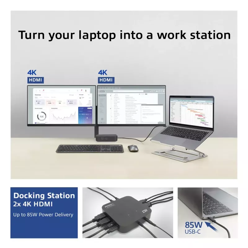 Docking station universal USB-C ACT 4K, para 2 monitores HDMI/DisplayPort, DisplayLink, design compacto