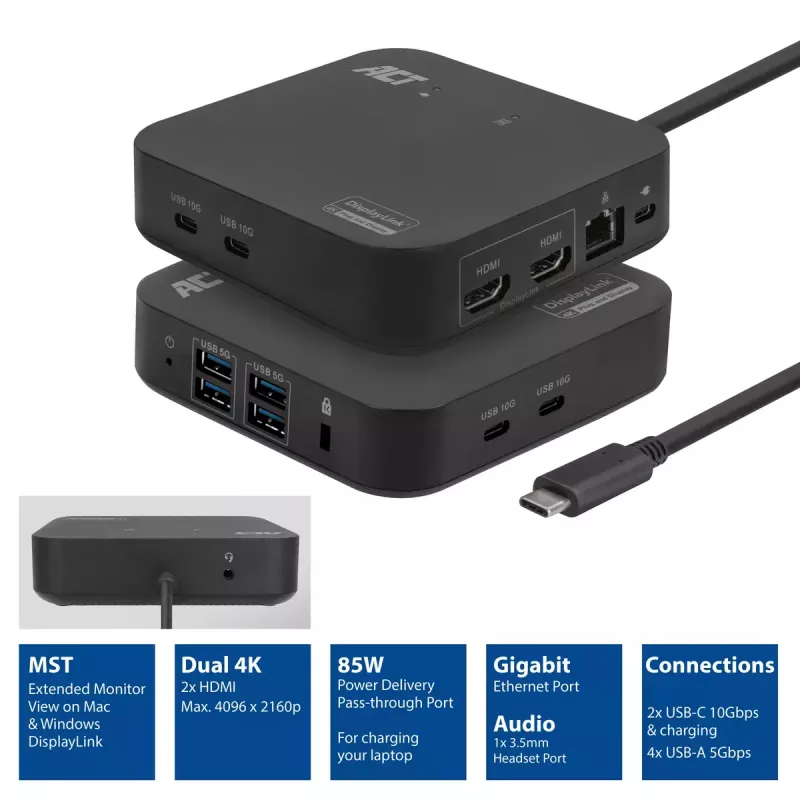 Docking station universal USB-C ACT 4K, para 2 monitores HDMI/DisplayPort, DisplayLink, design compacto