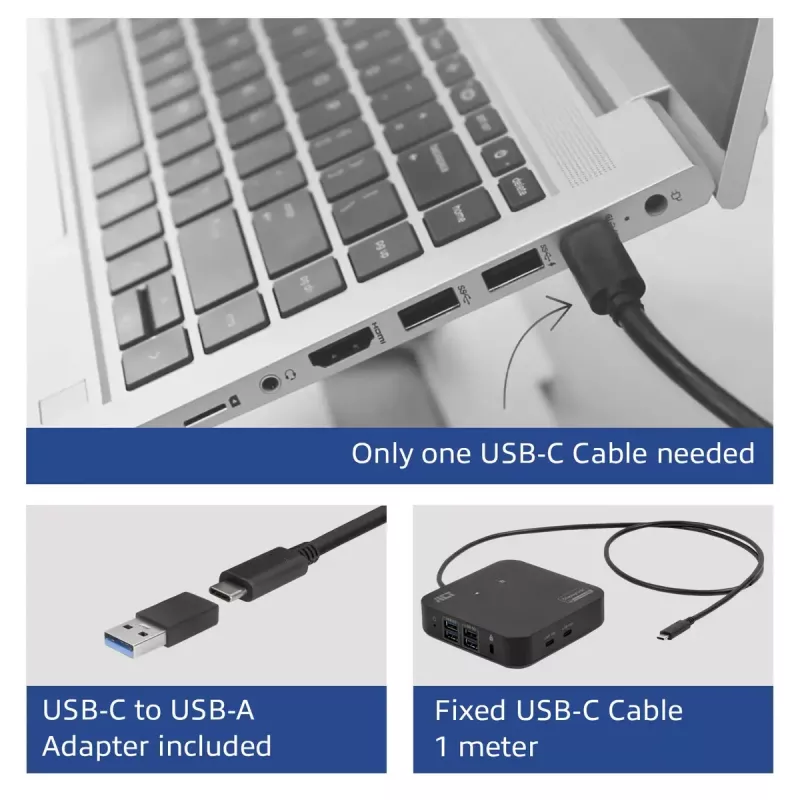 Docking station universal USB-C ACT 4K, para 2 monitores HDMI/DisplayPort, DisplayLink, design compacto