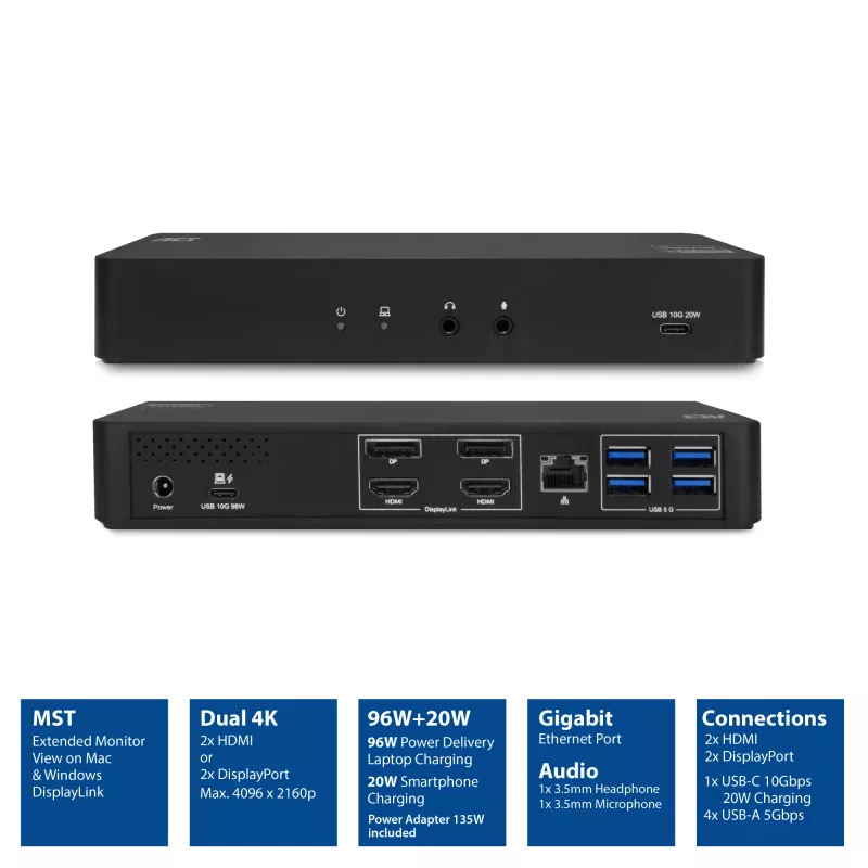 Docking station USB-C ACT 4K, para 2 monitores HDMI ou DisplayPort, DisplayLink