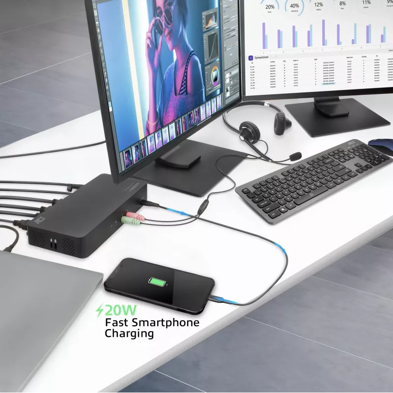 Docking station USB-C ACT 4K, para 2 monitores HDMI ou DisplayPort, DisplayLink