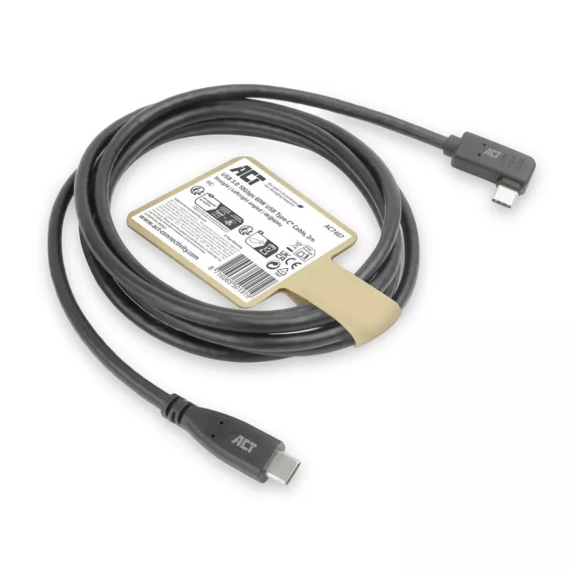 Cabo angular ACT USB 3.0 USB-C 2 metros 5 Gbit/s preto