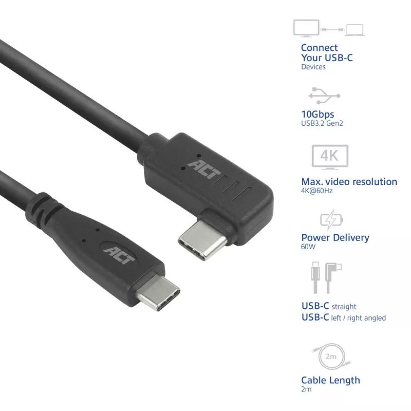 Cabo angular ACT USB 3.0 USB-C 2 metros 5 Gbit/s preto
