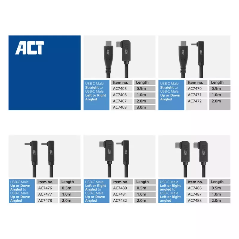 Cabo angular ACT USB 3.0 USB-C 2 metros 5 Gbit/s preto