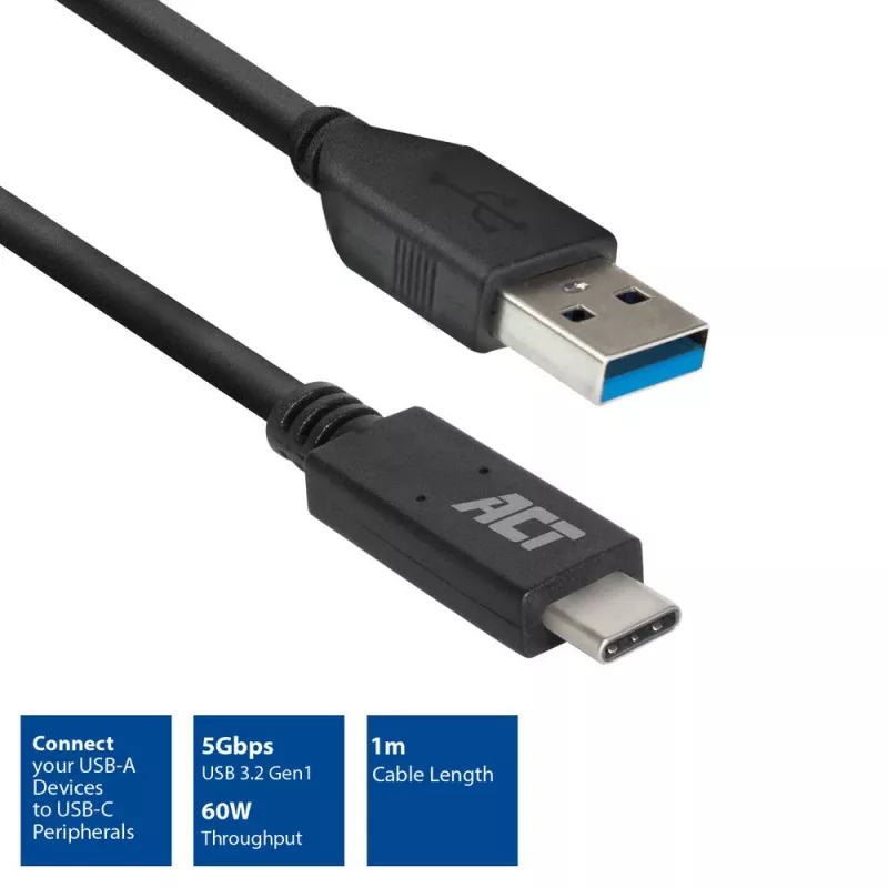 Cabo ACT USB 3.0 USB-A para USB-C 1 metro 5 Gbit/s preto