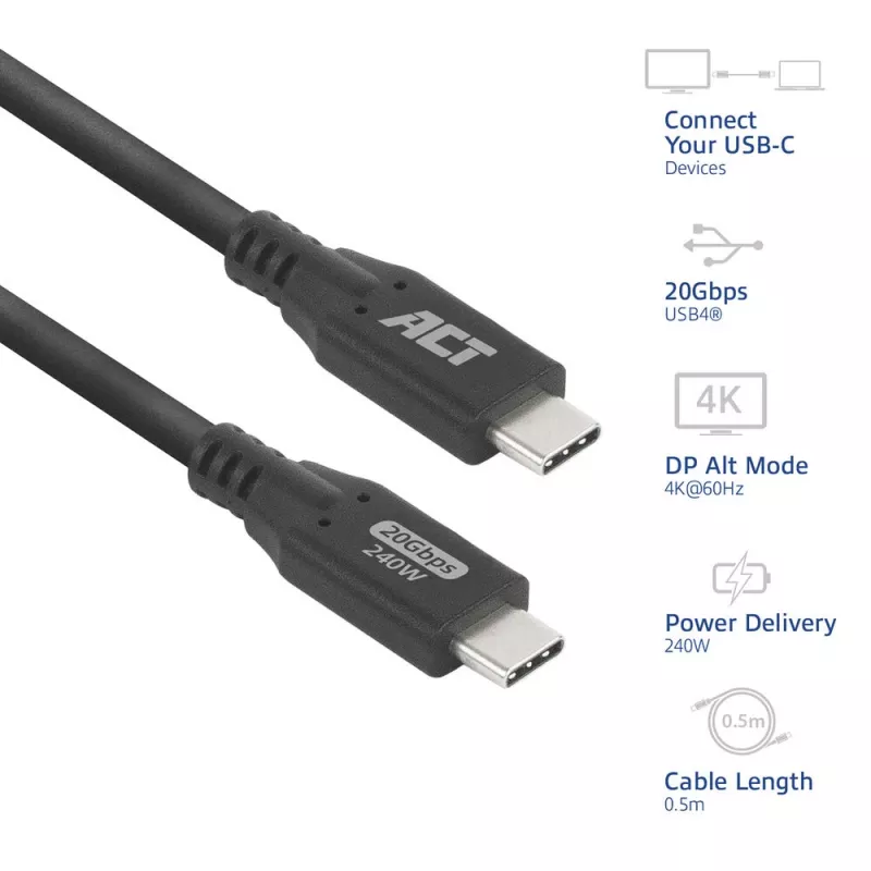 Cabo ACT USB4 20Gbps 240W USB Type-C 0,5 m preto