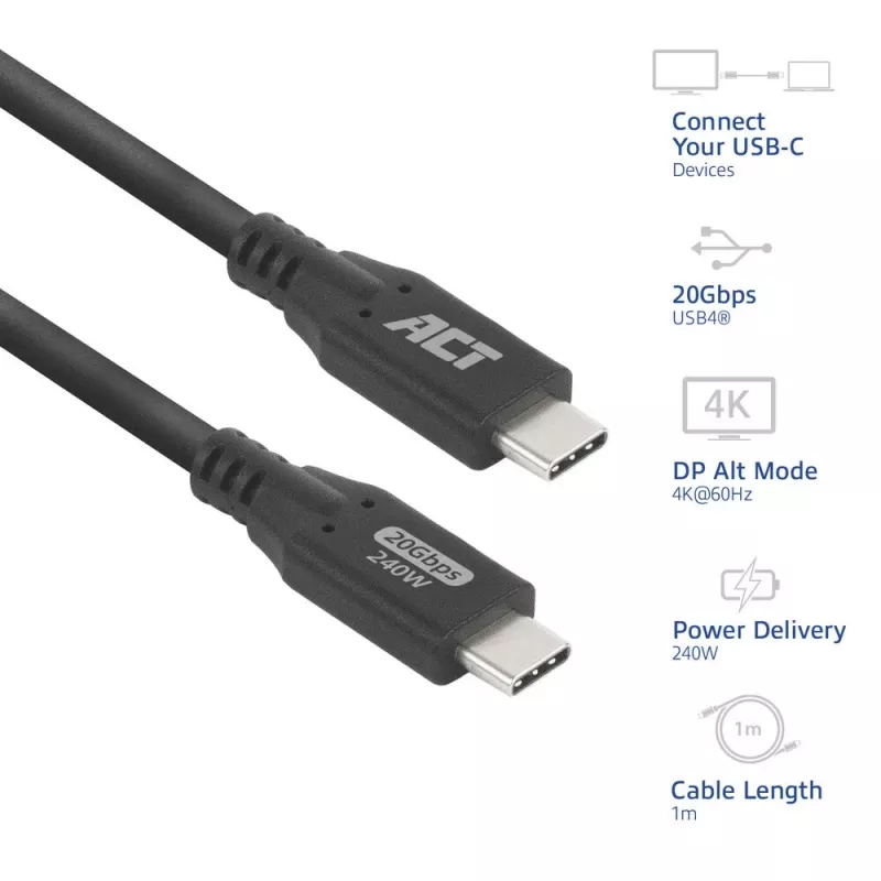 Cabo ACT USB4 20Gbps 240W USB Type-C 1 metro preto