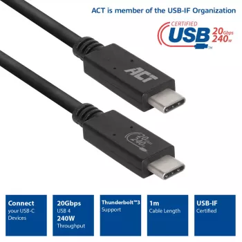 Cabo ACT USB4® 20Gbps, USB-C, certificado USB-IF, 1 metro