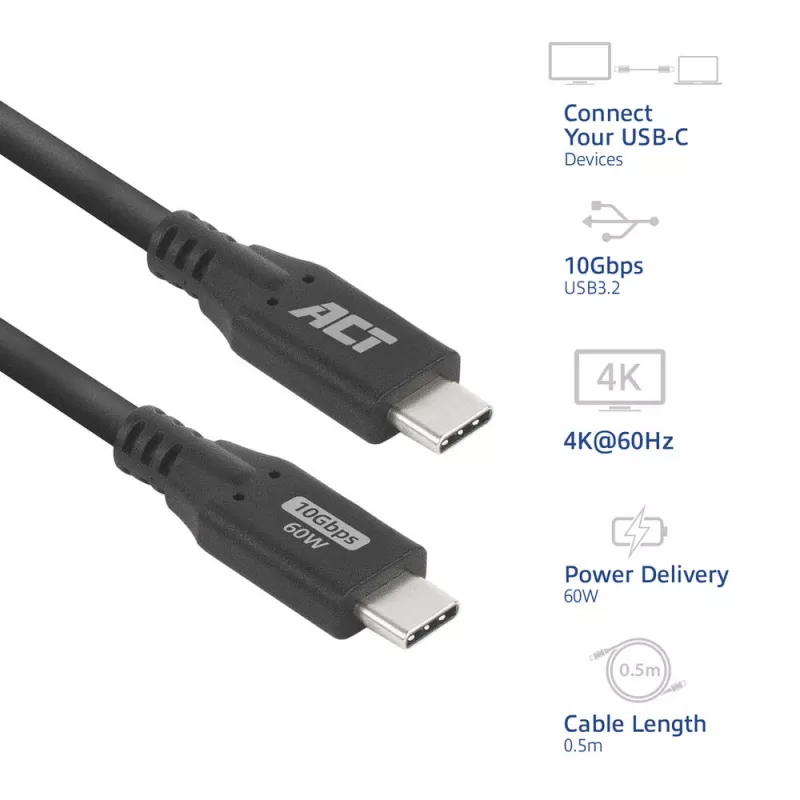 Cabo ACT USB 3.0 10Gbps 60W USB Type-C 0,5 m preto