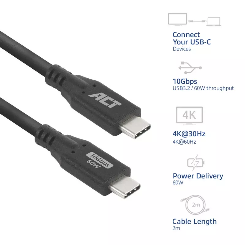 Cabo USB Type-C ACT AC7442 2 m 10Gbps 60W preto