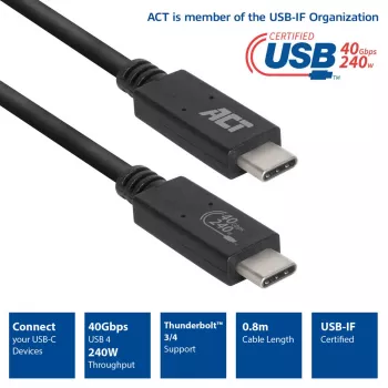 Cabo ACT USB4® 40Gbps 240W USB Type-C®, certificado USB-IF, 0,8 metros