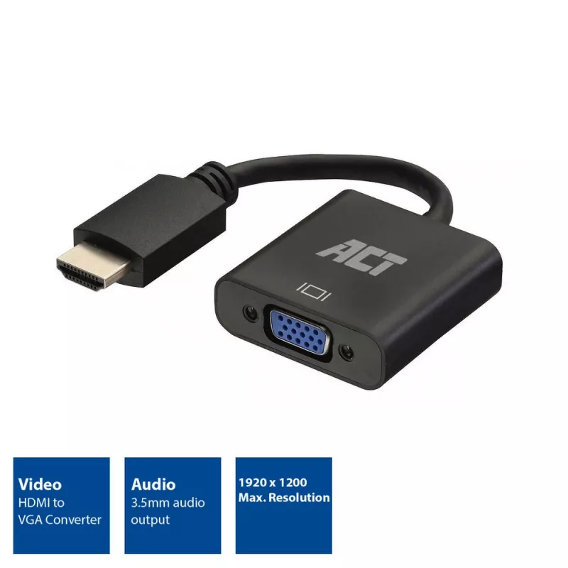 Adaptador ACT 0,15 metros, HDMI-A macho para VGA fêmea, com áudio