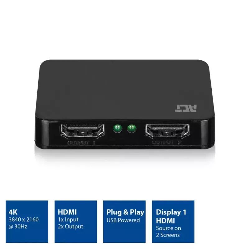 Splitter ACT 4K HDMI 1.4 2 portas 3840 x 2160 píxeis preto