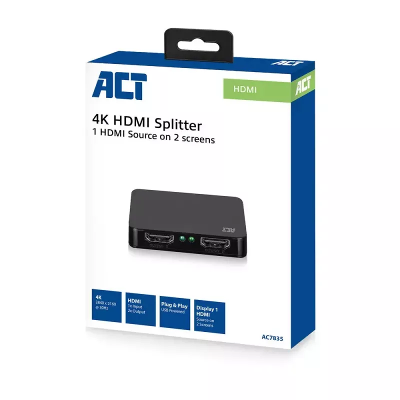 Splitter ACT 4K HDMI 1.4 2 portas 3840 x 2160 píxeis preto
