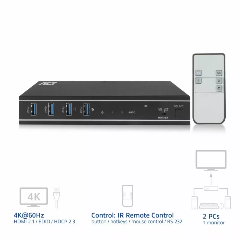 Switch KVM ACT 2 portas HDMI 4K@60Hz, USB 3.2 Gen1 (USB 3.0)