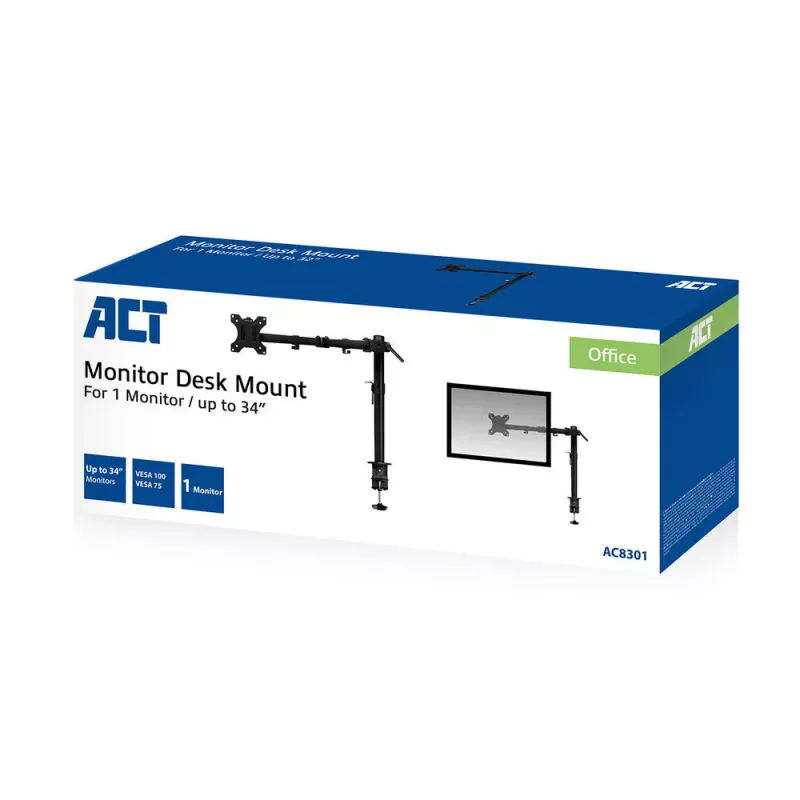 Braço para monitor único ACT fixação por grampo/por passagem 8 kg 10-32 polegadas