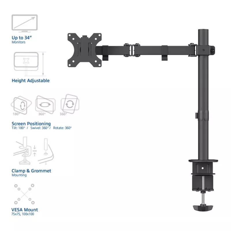 Braço para monitor único ACT fixação por grampo/por passagem 8 kg 10-32 polegadas