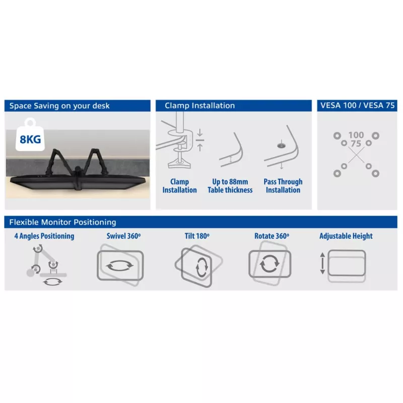 Braço para dois monitores ACT fixação por grampo/por passagem 16 kg 10-32 polegadas