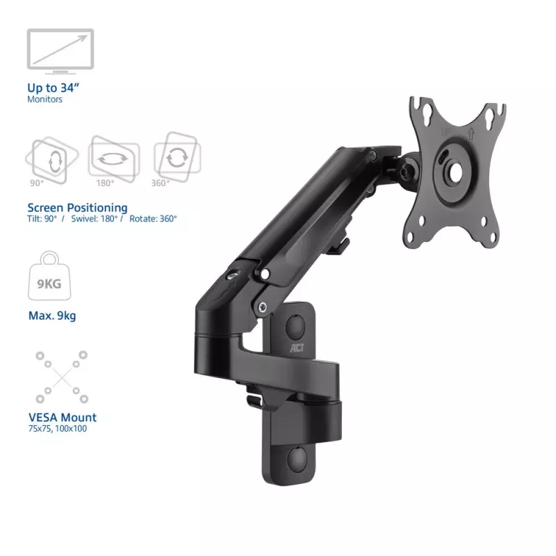 Suporte de parede para monitor ACT com mola a gás, 1 ecrã, peso máx. 7 kg