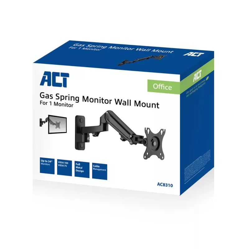 Suporte de parede para monitor ACT com mola a gás, 1 ecrã, peso máx. 7 kg