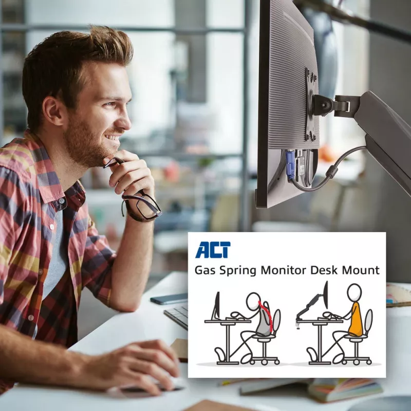 Braço para monitor com mola a gás ACT Office preto AC8311 fixação por grampo/por passagem 9 kg