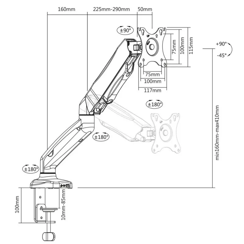 Braço para monitor com mola a gás ACT Office preto AC8311 fixação por grampo/por passagem 9 kg