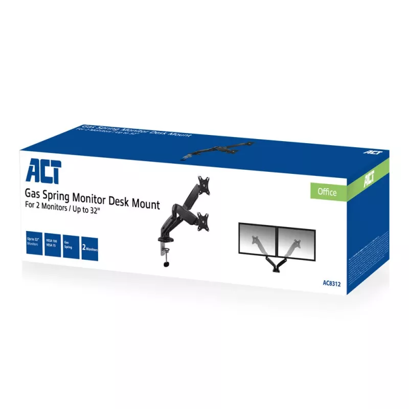 Braço duplo para monitor com mola a gás ACT Office fixação por grampo/por passagem 18 kg
