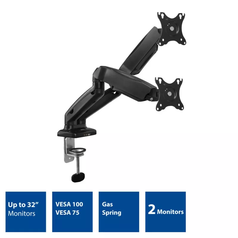Braço duplo para monitor com mola a gás ACT Office fixação por grampo/por passagem 18 kg