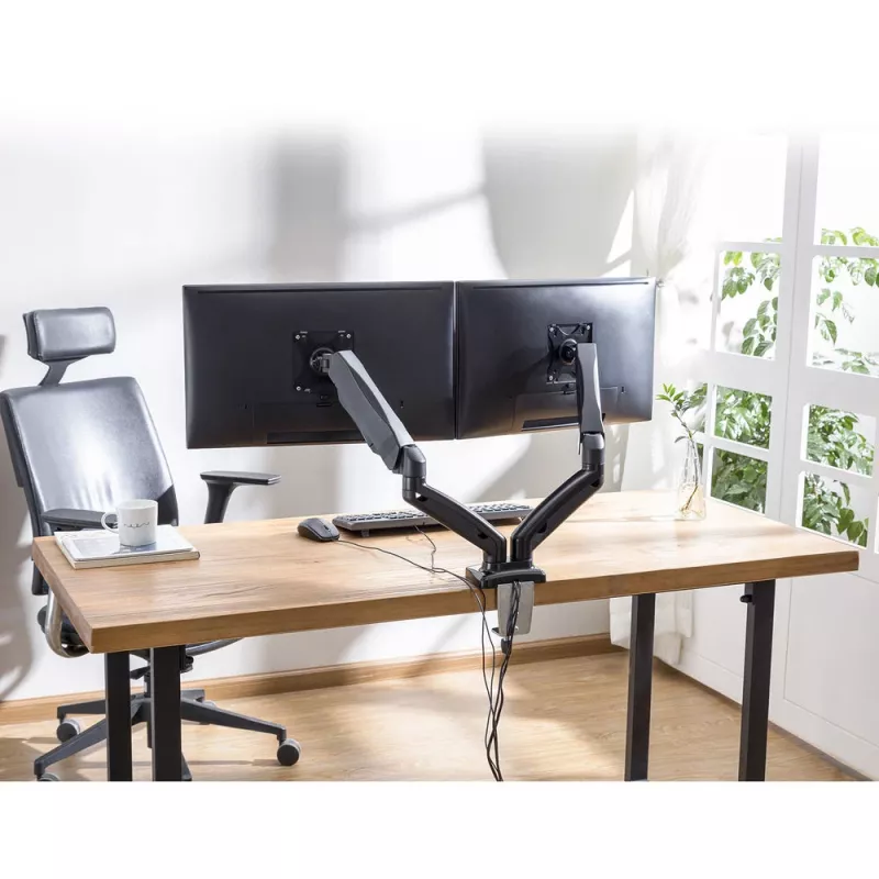 Braço duplo para monitor com mola a gás ACT Office fixação por grampo/por passagem 18 kg