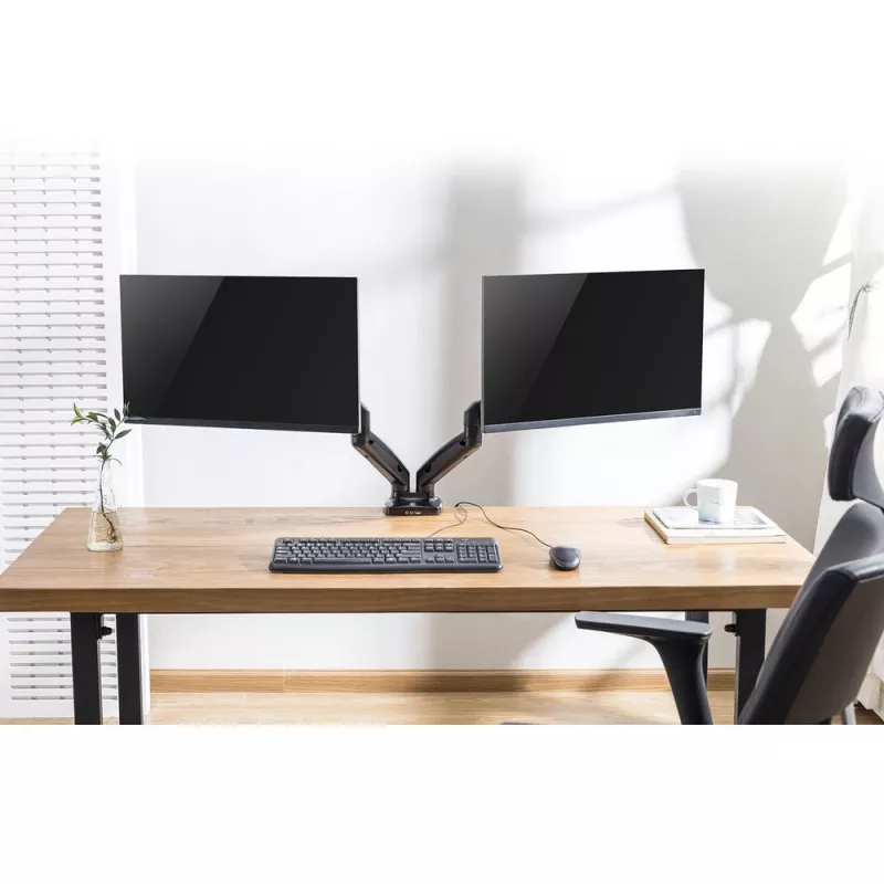 Braço duplo para monitor com mola a gás ACT Office fixação por grampo/por passagem 18 kg
