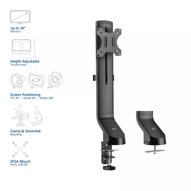 Braço para monitor único ACT para escritório, ajuste rápido de altura, fixação por grampo/por passagem, 8 kg