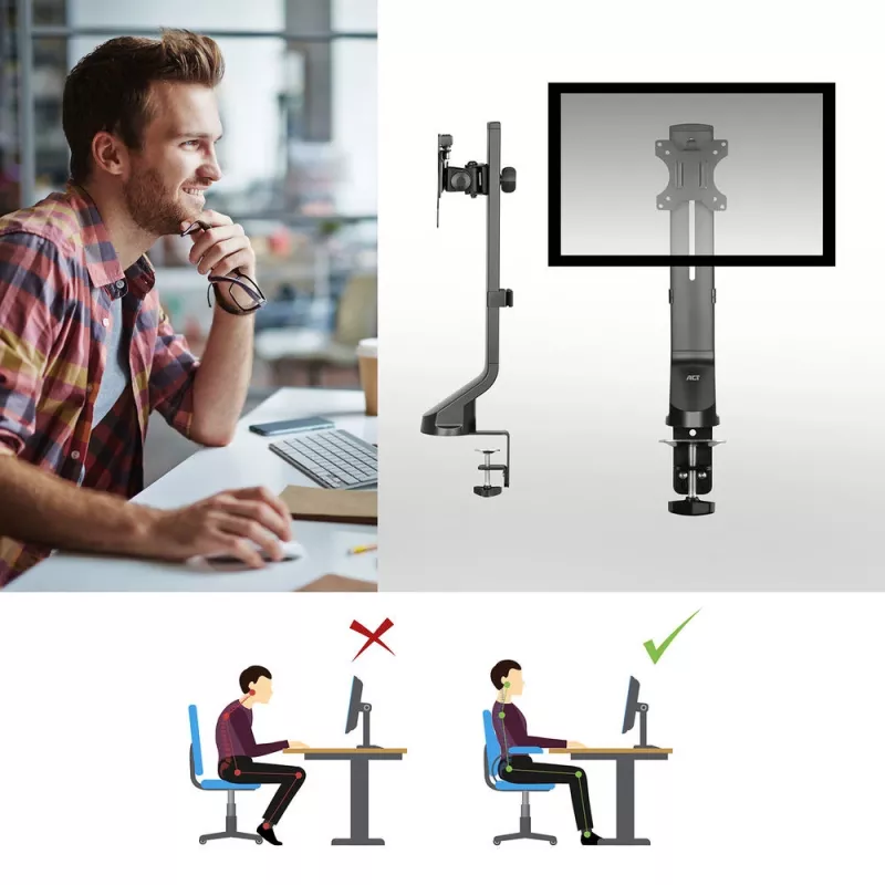 Braço para monitor único ACT para escritório, ajuste rápido de altura, fixação por grampo/por passagem, 8 kg