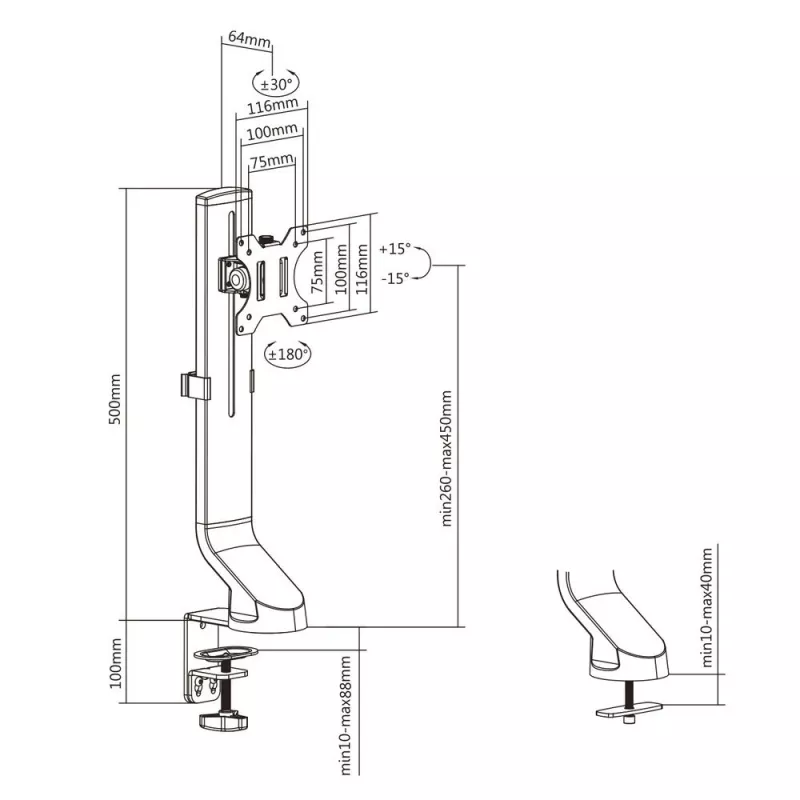 Braço para monitor único ACT para escritório, ajuste rápido de altura, fixação por grampo/por passagem, 8 kg