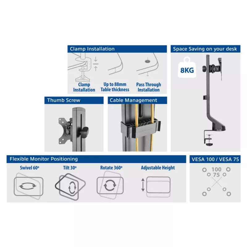 Braço para monitor único ACT para escritório, ajuste rápido de altura, fixação por grampo/por passagem, 8 kg