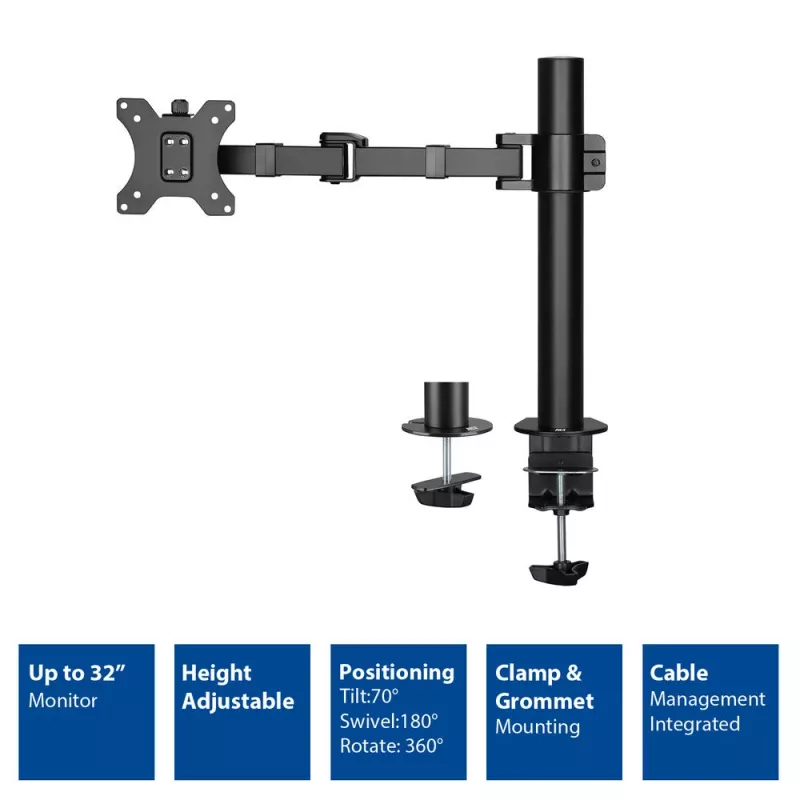 Braço para monitor único ACT Office Solid Pro fixação por grampo/por parafuso 12 kg 10-32 polegadas