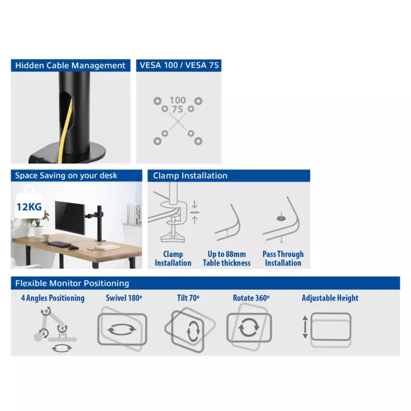 Braço para monitor único ACT Office Solid Pro fixação por grampo/por parafuso 12 kg 10-32 polegadas