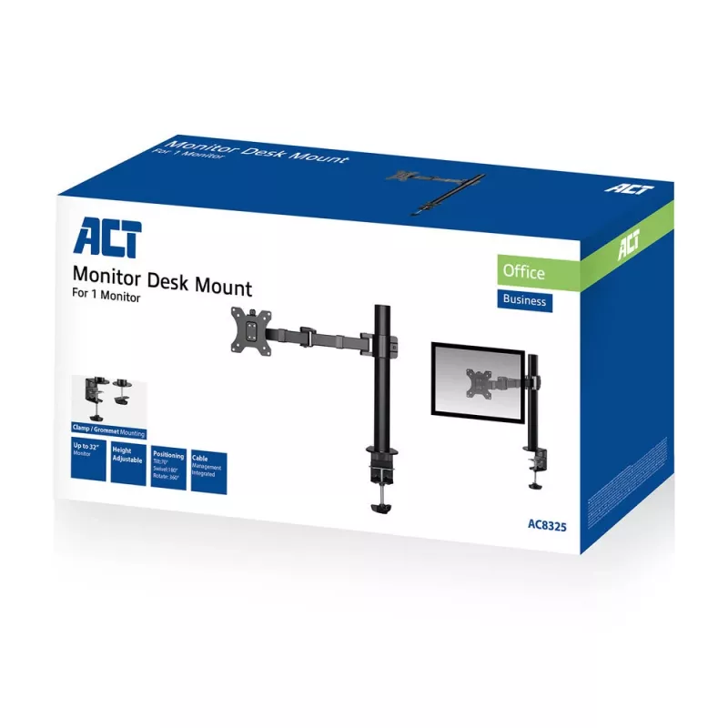 Braço para monitor único ACT Office Solid Pro fixação por grampo/por parafuso 12 kg 10-32 polegadas