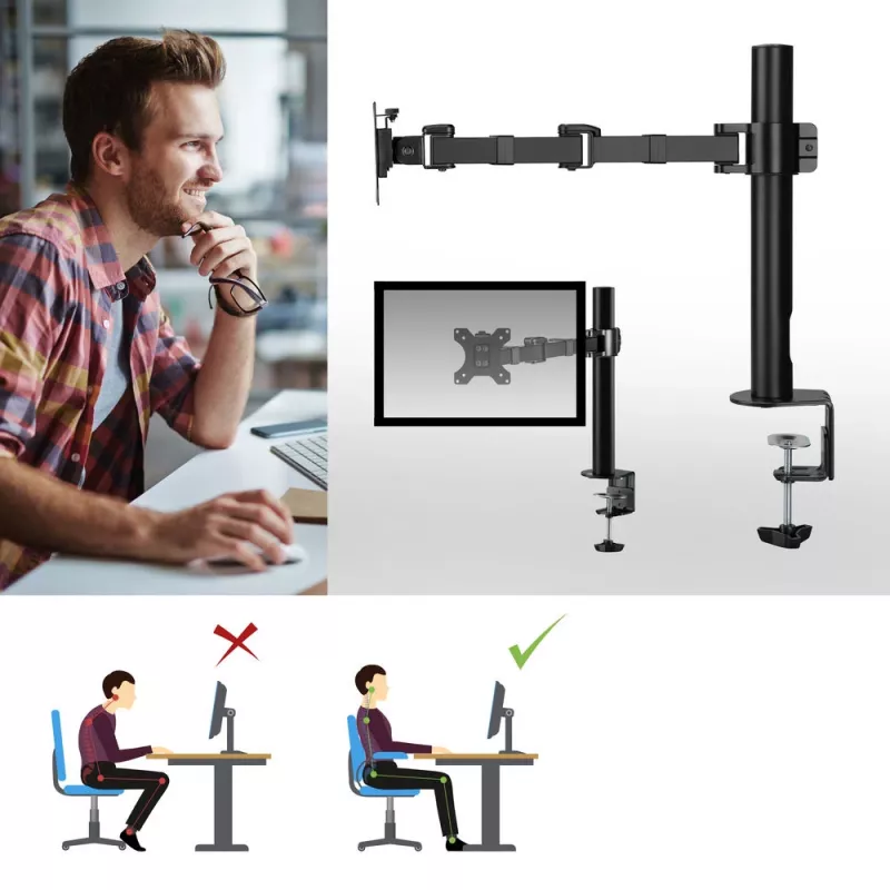 Braço para monitor único ACT Office Solid Pro fixação por grampo/por parafuso 12 kg 10-32 polegadas