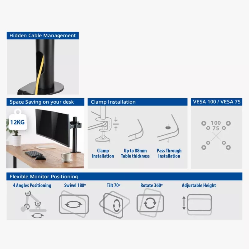 Braço duplo para monitor ACT Office Solid Pro – fixação por grampo/por passagem – 12 kg – 10–32 polegadas