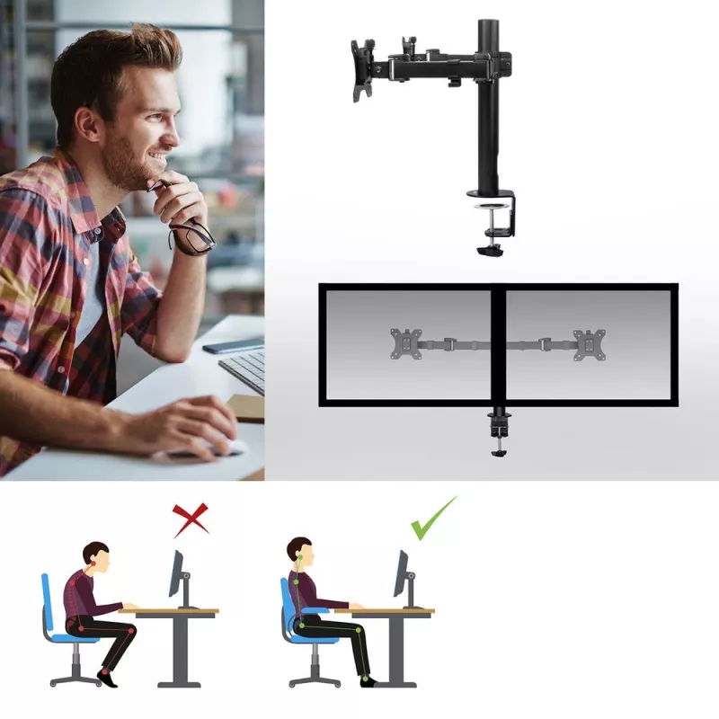 Braço duplo para monitor ACT Office Solid Pro – fixação por grampo/por passagem – 12 kg – 10–32 polegadas