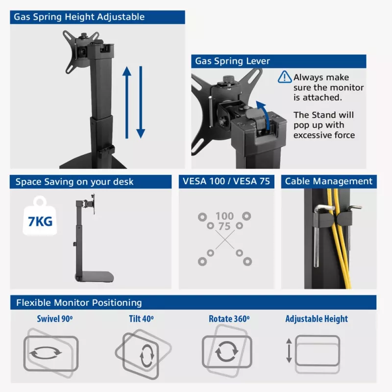 Braço para monitor com mola a gás autónomo ACT para escritório, capacidade de carga 7 kg, 10 a 32 polegadas