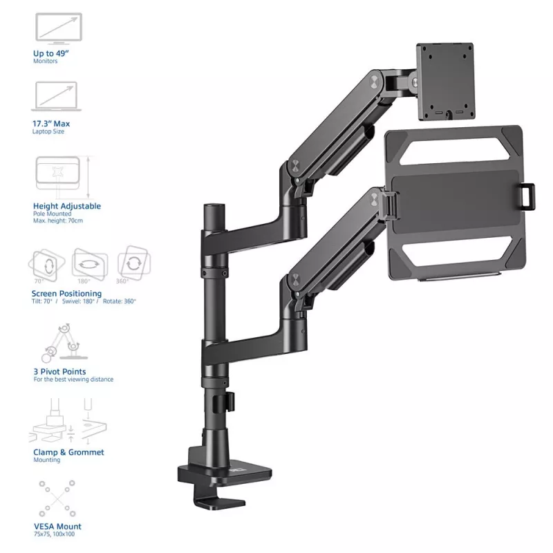 Braço para portátil e monitor ACT AC8341 mola a gás preto 49 polegadas
