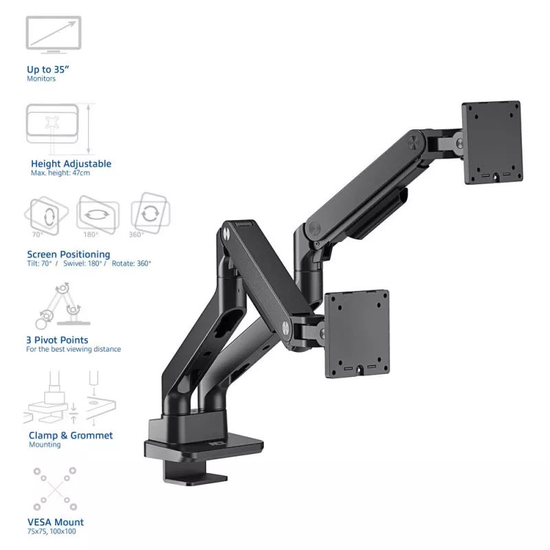 Braço para monitor ACT 35 polegadas Office Premium, mola a gás, 2 monitores