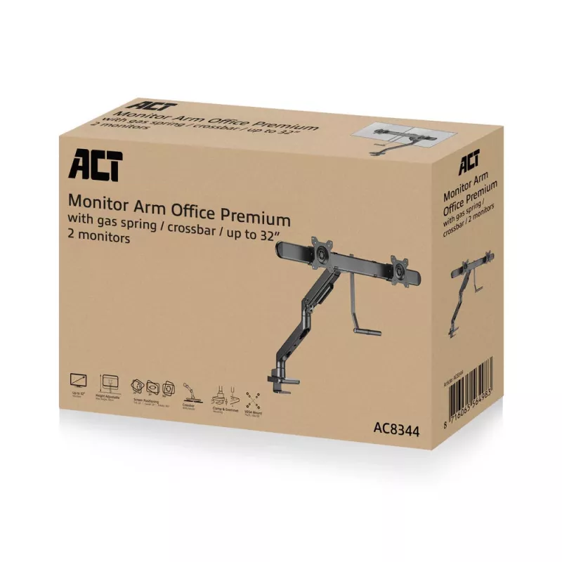 Braço para monitor ACT 32 polegadas Office Premium, mola a gás, barra transversal, 2 monitores