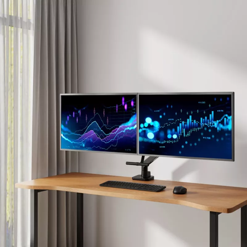 Braço para monitor ACT 32 polegadas Office Premium, mola a gás, barra transversal, 2 monitores