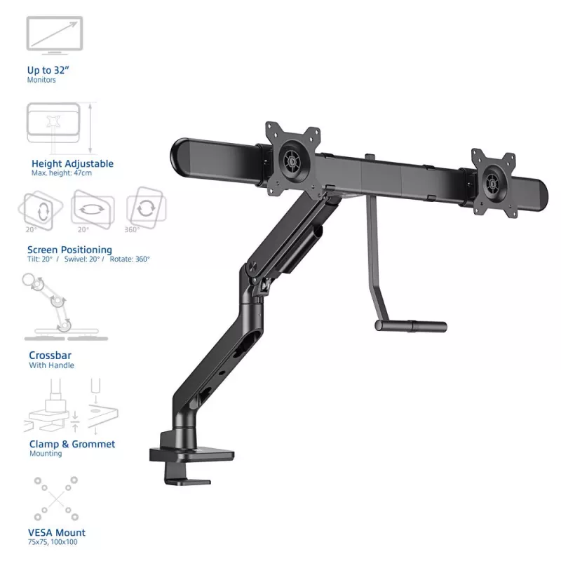 Braço para monitor ACT 32 polegadas Office Premium, mola a gás, barra transversal, 2 monitores