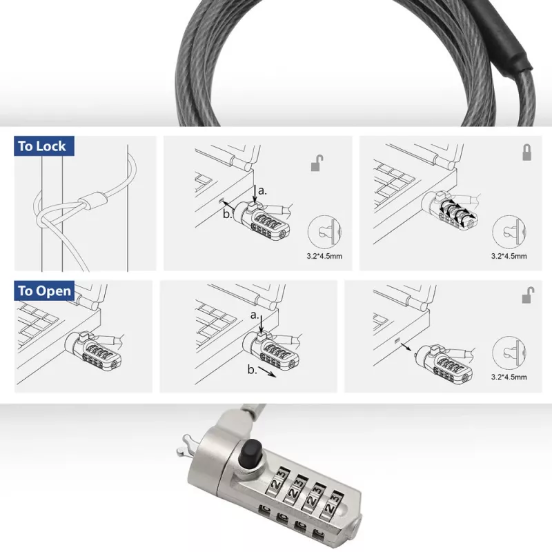 Cadeado para portátil ACT Wedge com fecho de combinação metálico cabo de 2 m